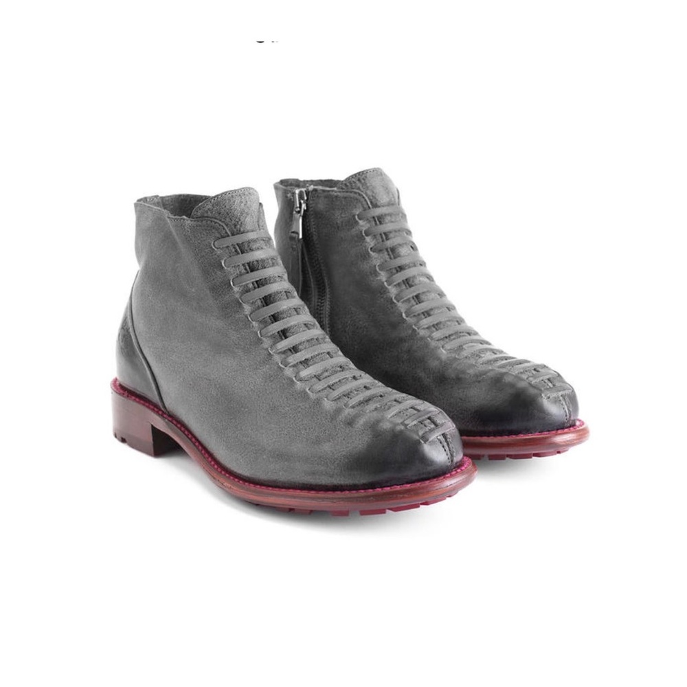 Fluevog Living 2.0 Babette: Women’s Grey / Red Ankle Boot With Faux Laces